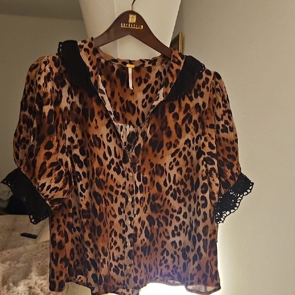 Leopard Print Women's Top with Black Lace Trim